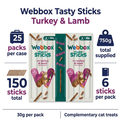 Webbox Turkey and Lamb Tasty Sticks: 25 packs of 30g, six sticks per pack, 150 sticks and 750g total