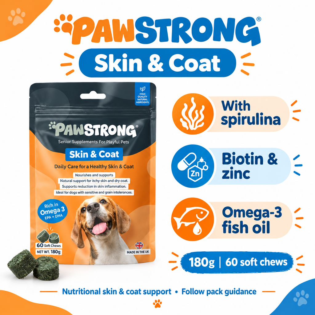 PawStrong Skin and Coat 180g pouch with 60 soft chews, spirulina, biotin, zinc and omega-3 fish oil
