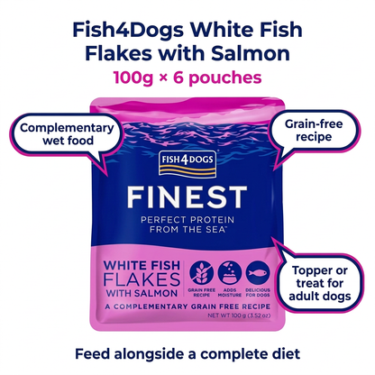 Fish4Dogs White Fish Flakes with Salmon 100g x 6 pouches: grain-free complementary wet food, topper or treat for adult dogs. Feed alongside a complete diet.