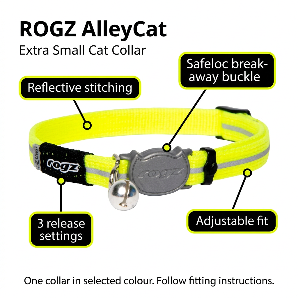 Dayglo ROGZ AlleyCat Extra Small cat collar with reflective stripe, safety buckle and bell