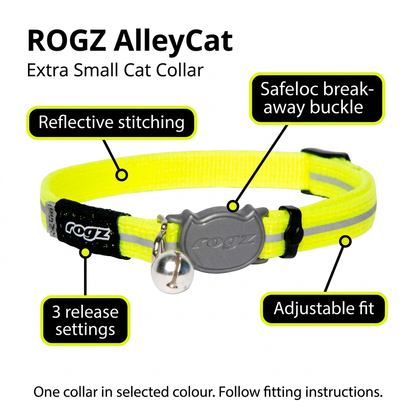 Dayglo ROGZ AlleyCat Extra Small cat collar with reflective stripe, safety buckle and bell