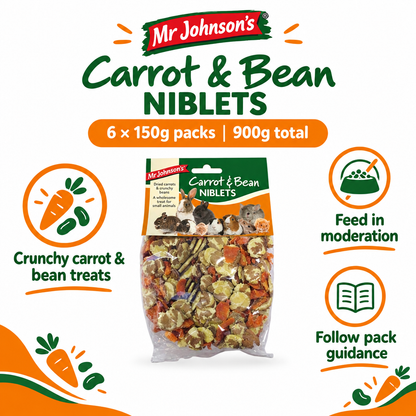 Mr Johnson's Carrot and Bean Niblets pouch with six 150g packs, 900g total and moderate feeding guidance