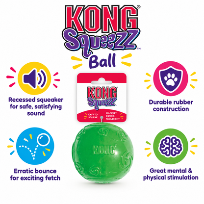 Infographic showing key benefits of the KONG Squeezz Ball dog toy