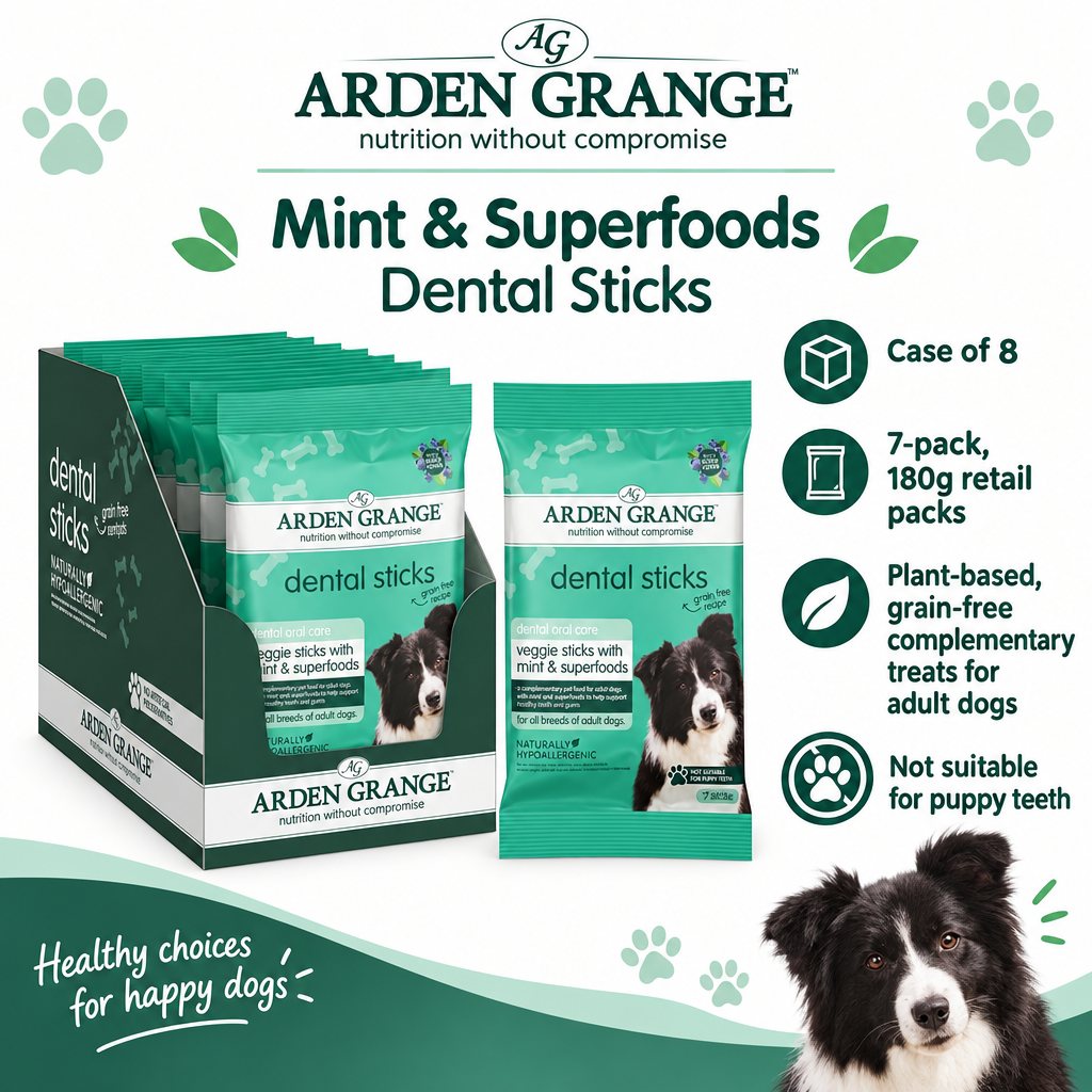 Infographic showing Arden Grange Mint & Superfoods Dental Sticks, 7-pack 180 g, case of 8, with adult-dog suitability and puppy-teeth caution.