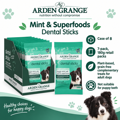 Infographic showing Arden Grange Mint & Superfoods Dental Sticks, 7-pack 180 g, case of 8, with adult-dog suitability and puppy-teeth caution.