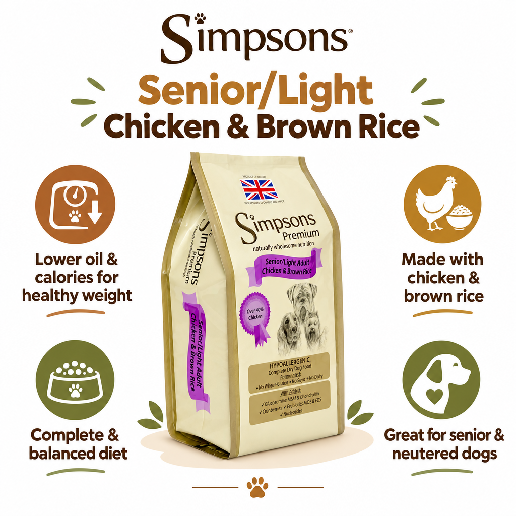 Infographic showing key benefits of Simpsons Complete Senior Light Chicken & Brown Rice dog food