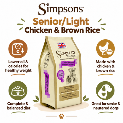 Infographic showing key benefits of Simpsons Complete Senior Light Chicken & Brown Rice dog food