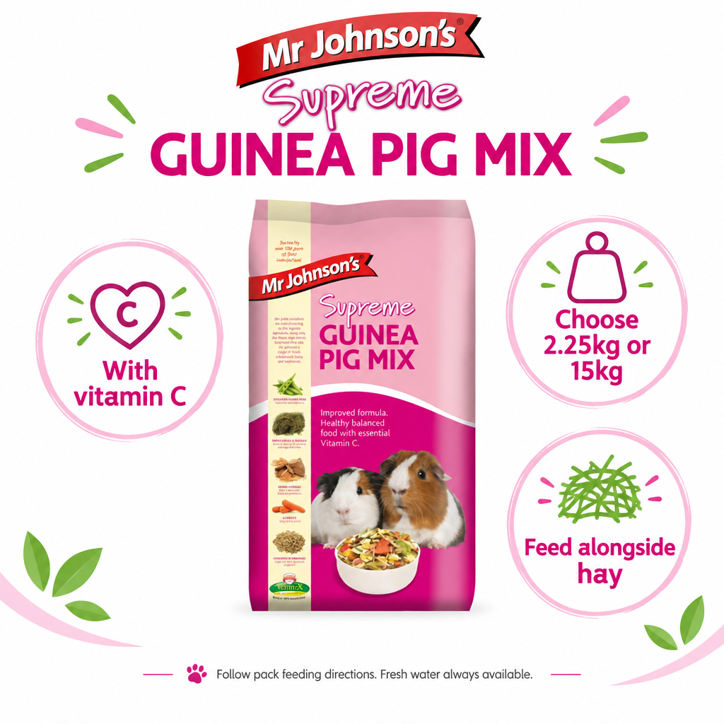 Mr Johnson's Supreme Guinea Pig Mix pink bag with vitamin C, hay feeding and 2.25kg or 15kg size callouts