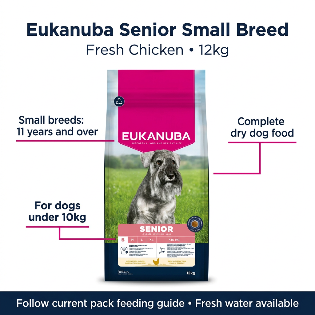 Eukanuba Senior Small Breed Fresh Chicken 12kg infographic for dogs under 10kg aged 11 years and over