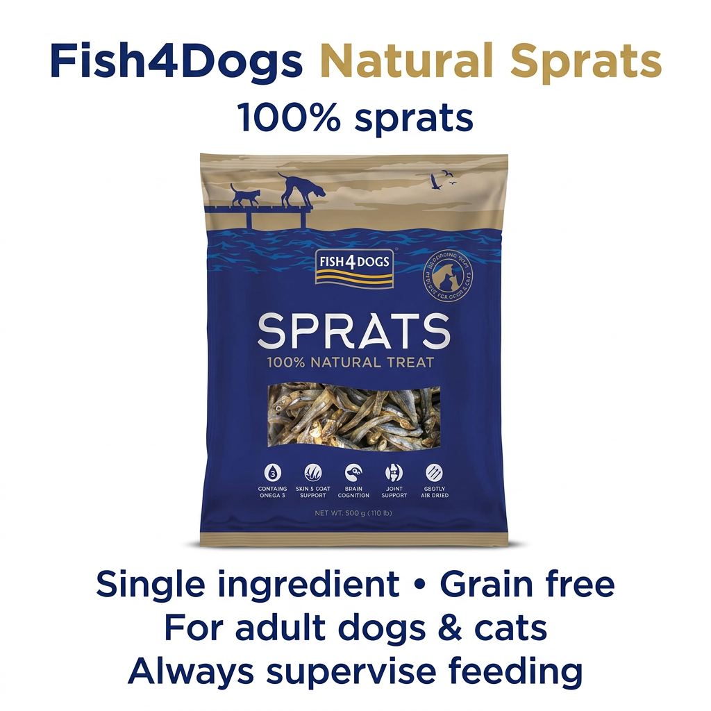 Fish4Dogs Natural Sprats infographic: 100% sprats, single ingredient, grain free, for adult dogs and cats, with supervised feeding guidance.