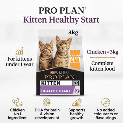 Purina PRO PLAN Kitten Healthy Start Chicken 3kg infographic: complete food for kittens under one year, chicken number-one ingredient, DHA for brain and vision development.