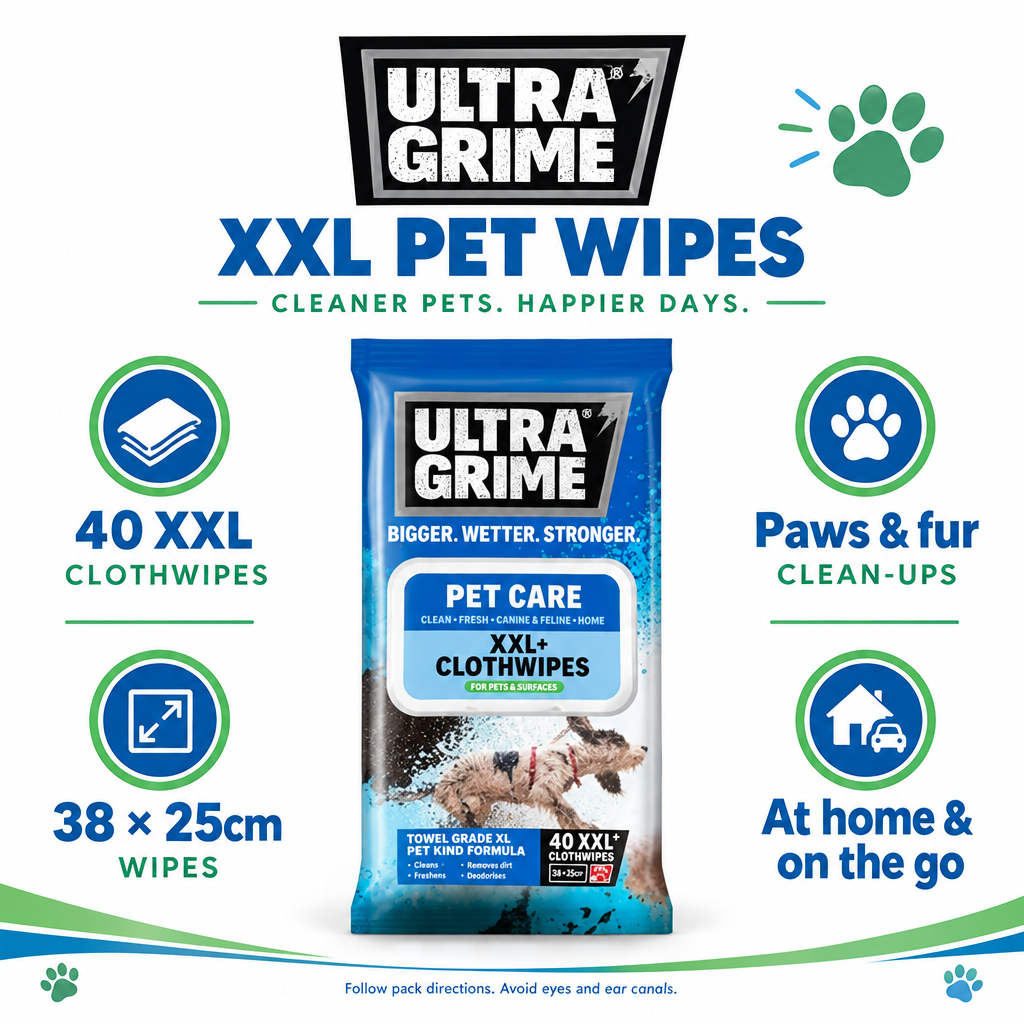 Ultra Grime Pet Care 40-pack infographic showing 38 by 25cm clothwipes for paws and fur clean-ups