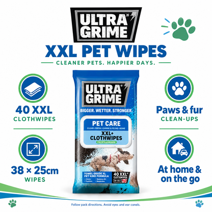 Ultra Grime Pet Care 40-pack infographic showing 38 by 25cm clothwipes for paws and fur clean-ups