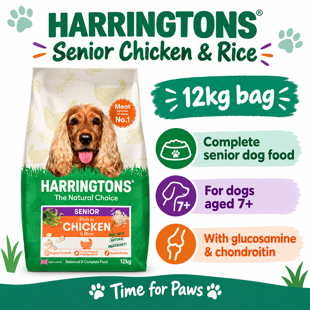 Harringtons Senior Chicken and Rice 12kg infographic showing complete food for dogs aged 7+ with glucosamine and chondroitin