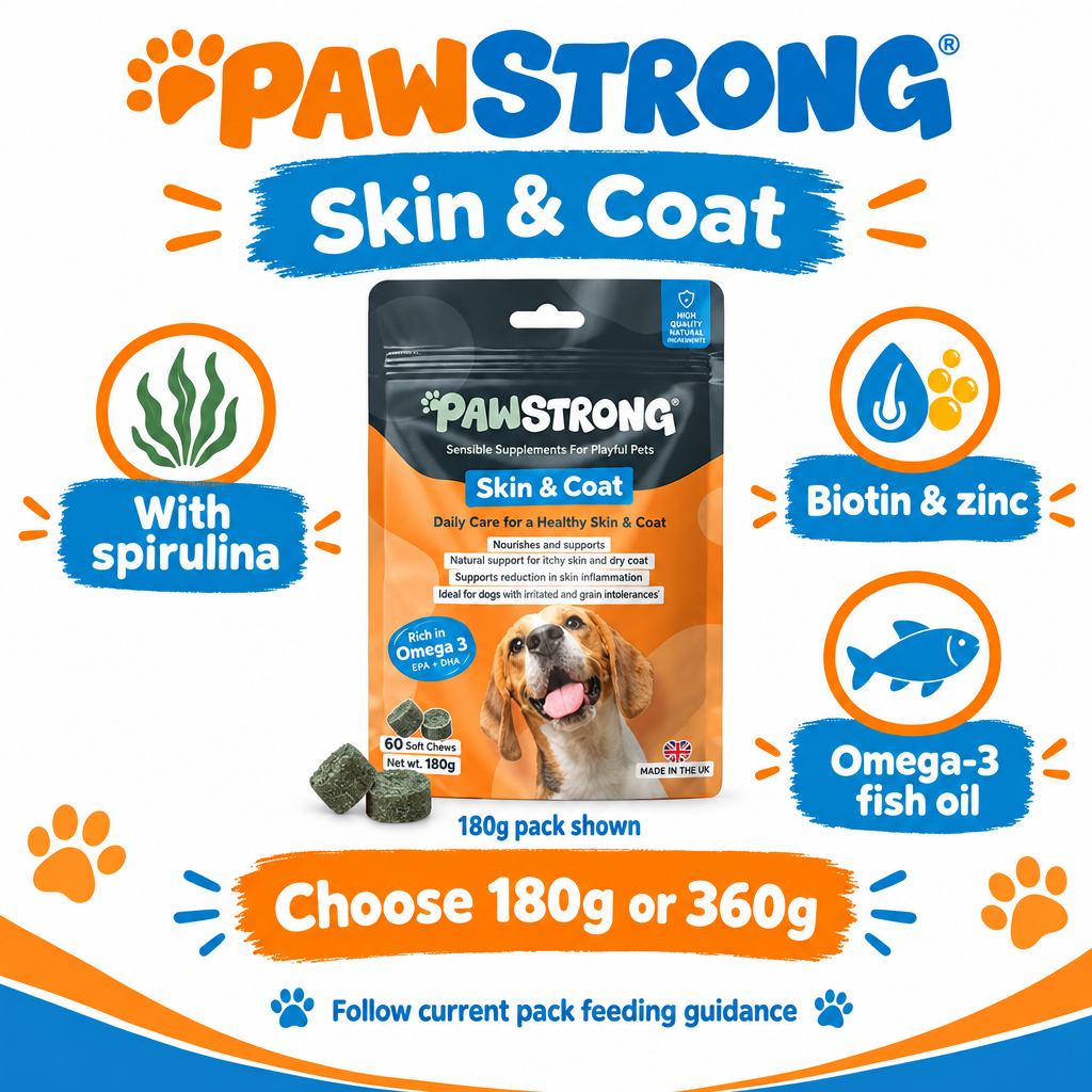 PawStrong Skin and Coat supplement with 180g and 360g size options; 180g reference pouch shown