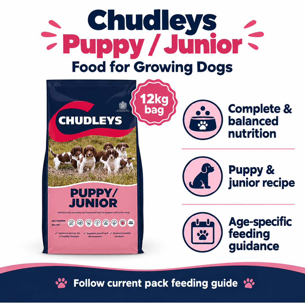 Chudleys Puppy Junior 12kg infographic showing complete growth nutrition and age-specific feeding guidance
