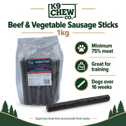 K9 Chew Co Beef and Vegetable Sausage Sticks infographic