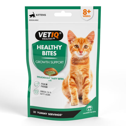 A package of VetIQ Growth Support Kitten Treats featuring an image of a orange and white kitten on the front.