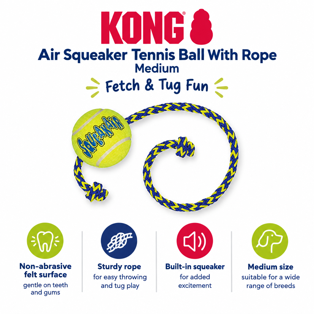 KONG Air Squeaker Tennis Ball With Rope infographic