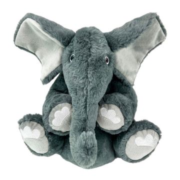 Plush elephant toy with heart patterns on a white background