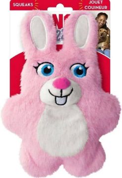 A pink plush bunny squeaker toy with a white face and inner ears, attached to a red retail card with the brand name SQUEAKS visible at the top.