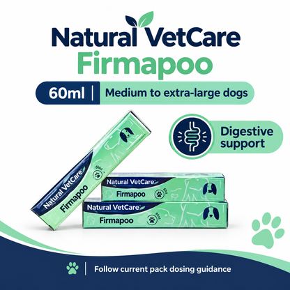 Natural VetCare Firmapoo syringe and box with 60ml medium to extra-large dog listing and pack-dosing guidance