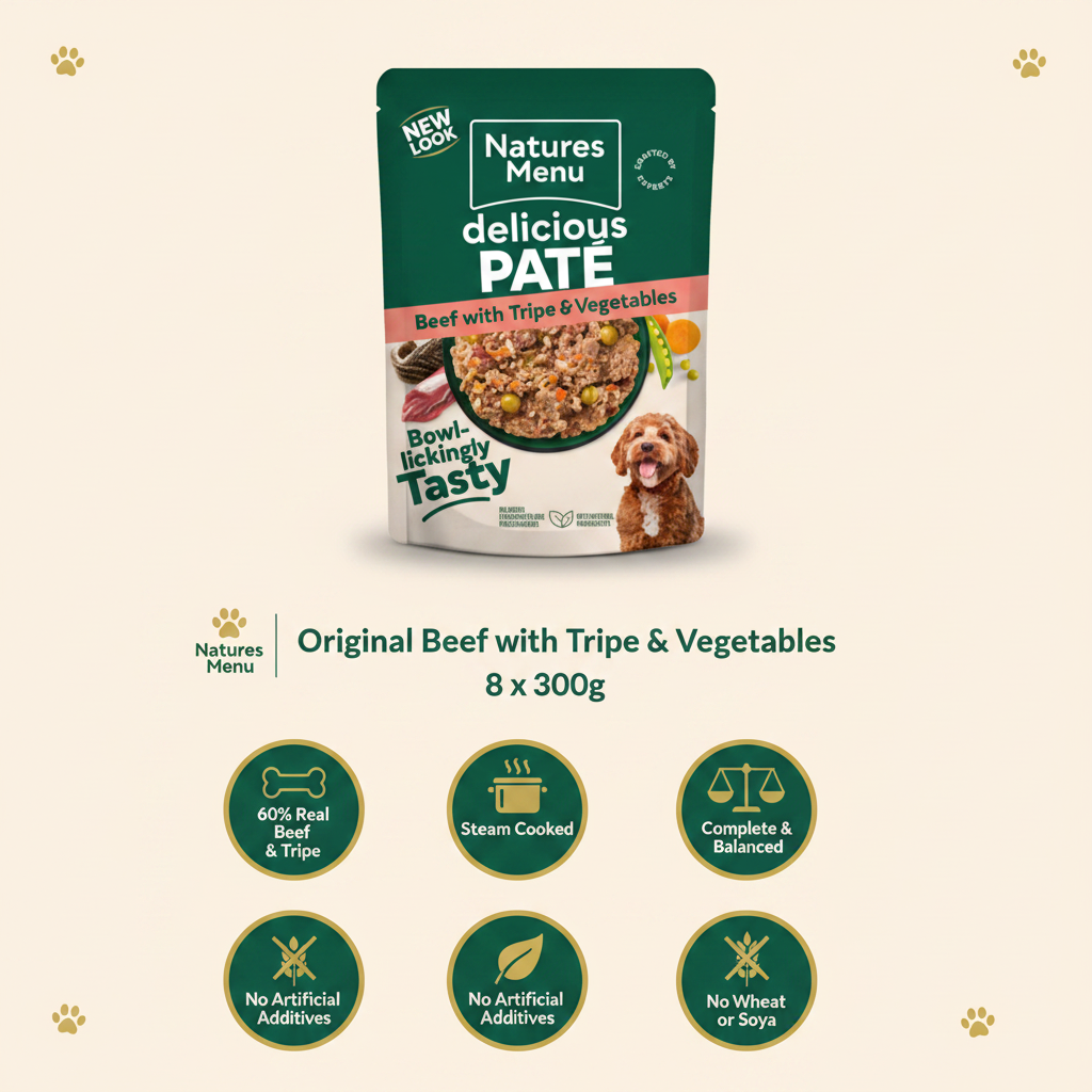 Natures Menu Pate Pouch Beef with Tripe & Vegetables Infographic