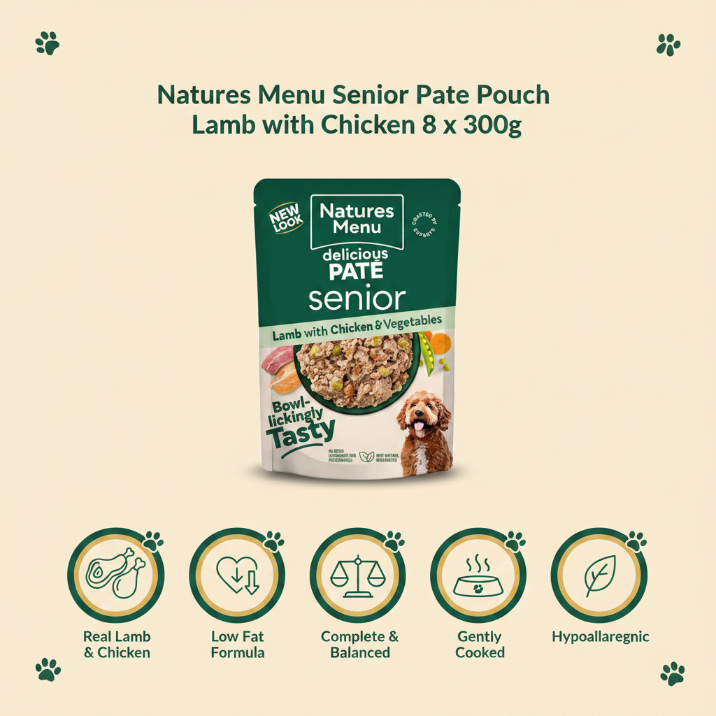 Natures Menu Senior Pate Pouch Infographic with Packshot