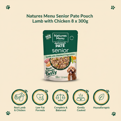 Natures Menu Senior Pate Pouch Infographic with Packshot