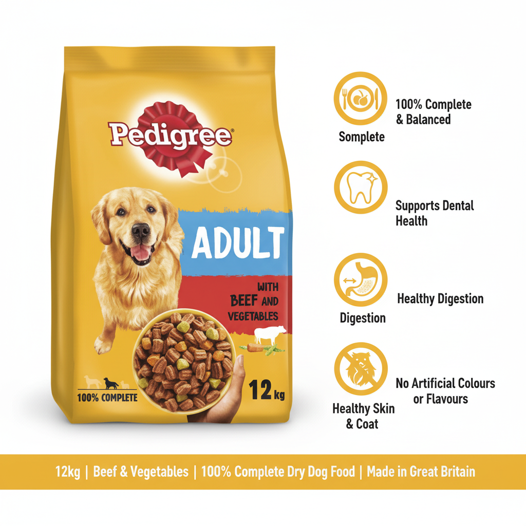 Pedigree Complete Adult Beef & Vegetables 12kg Infographic with Packshot