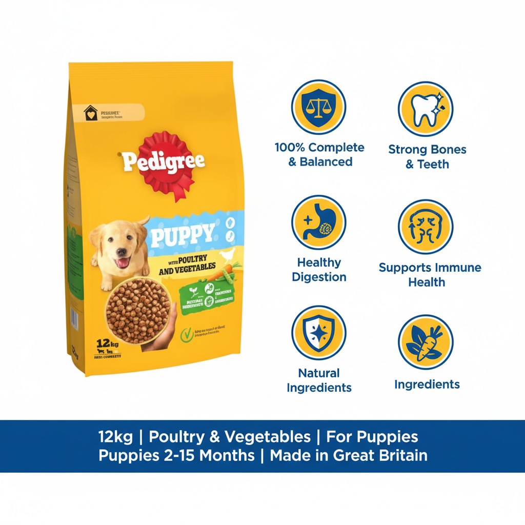 Pedigree Complete Puppy Poultry & Vegetables 12kg Infographic with Packshot