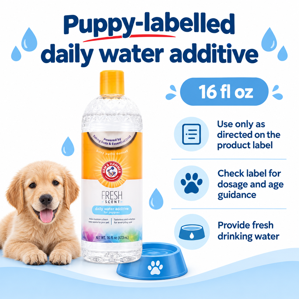Puppy water additive infographic using the supplied packshot