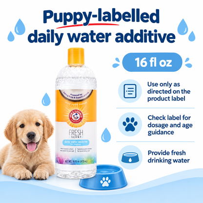 Puppy water additive infographic using the supplied packshot