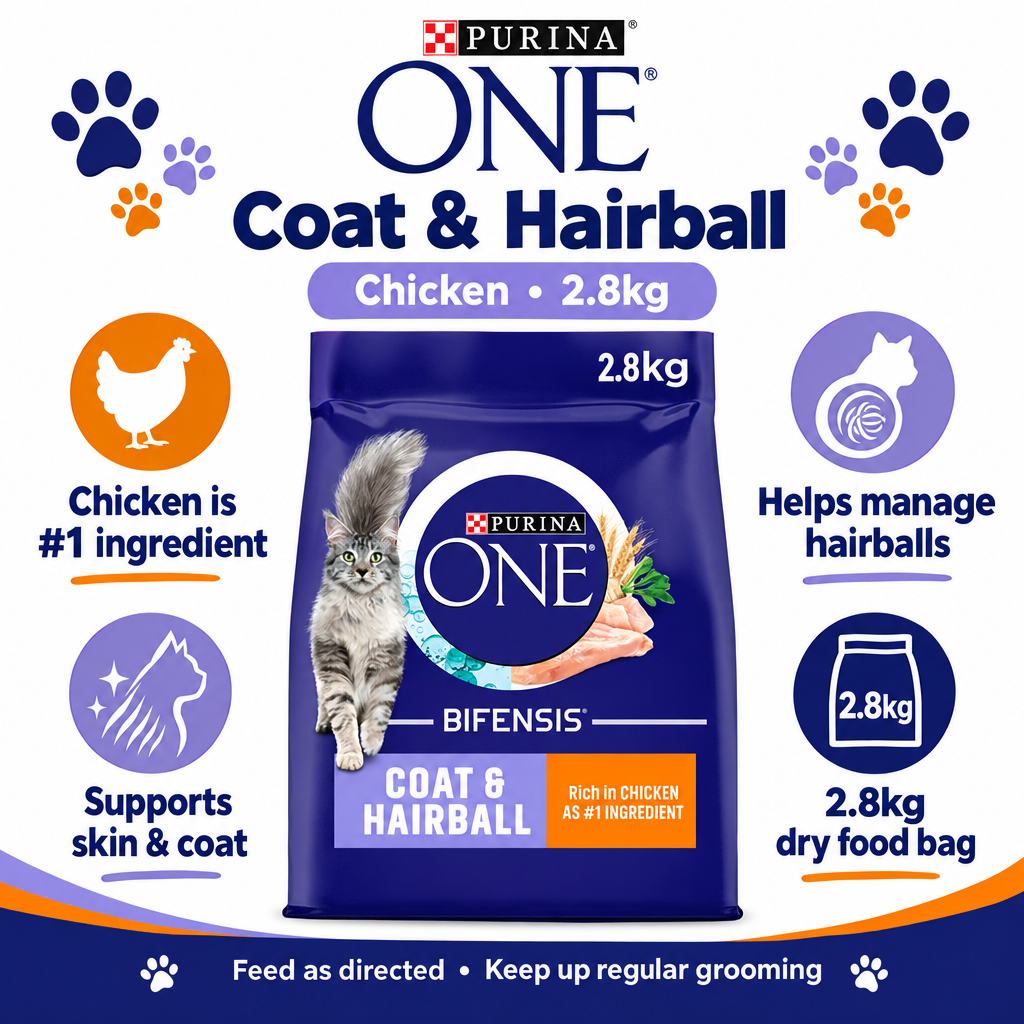 Purina One Coat & Hairball Chicken 2.8kg infographic