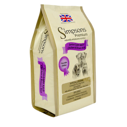 A bag of Simpsons Premium Senior/Light dog food with a picture of a dog on the front.