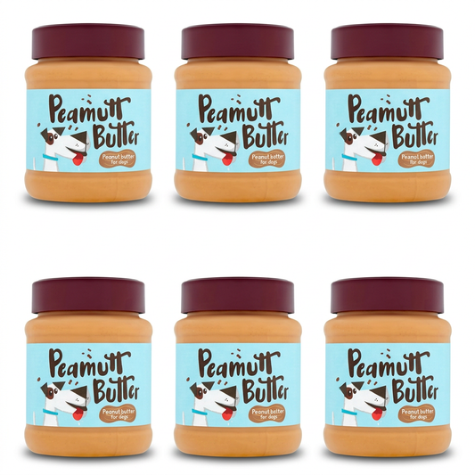 Six Peamutt Butter jars arranged in two rows of three