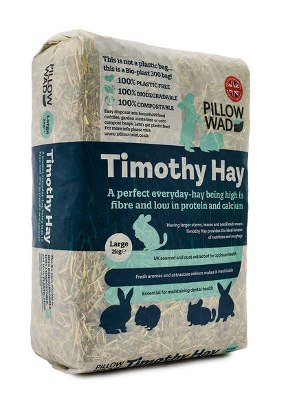 A package of Pillow Wad Timothy Hay Large 2kg for pets, showing the product and brand name, along with icons indicating it's for small animals such as rabbits and guinea pigs.