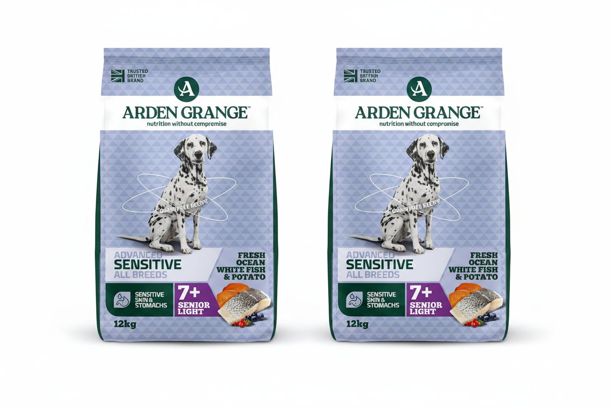 Two Arden Grange Advanced Sensitive Senior Light bags on white background