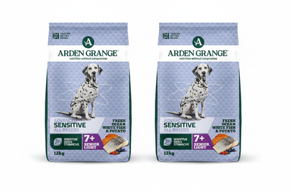 Two Arden Grange Advanced Sensitive Senior Light bags on white background