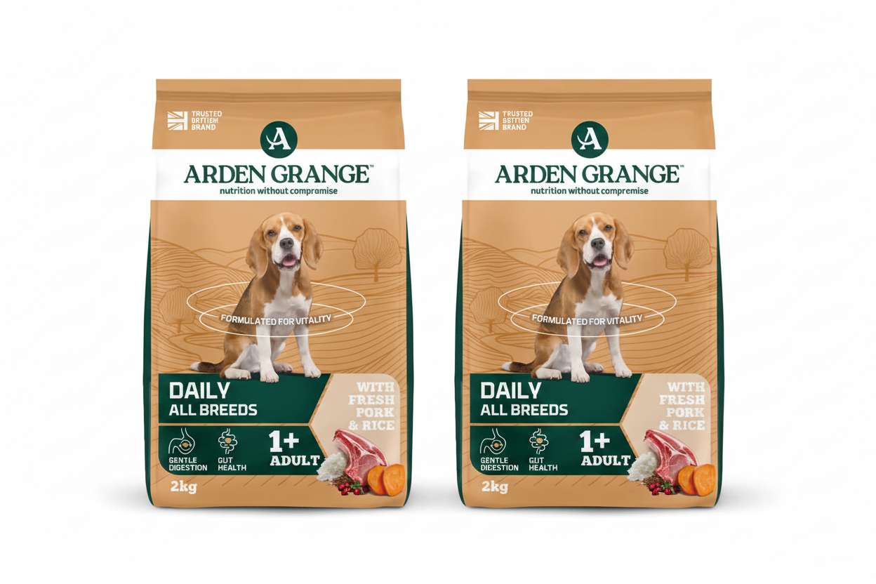 Two Arden Grange Daily All Breeds Pork & Rice 2kg bags side by side on white background