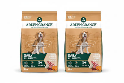 Two Arden Grange Daily All Breeds Pork & Rice 2kg bags side by side on white background