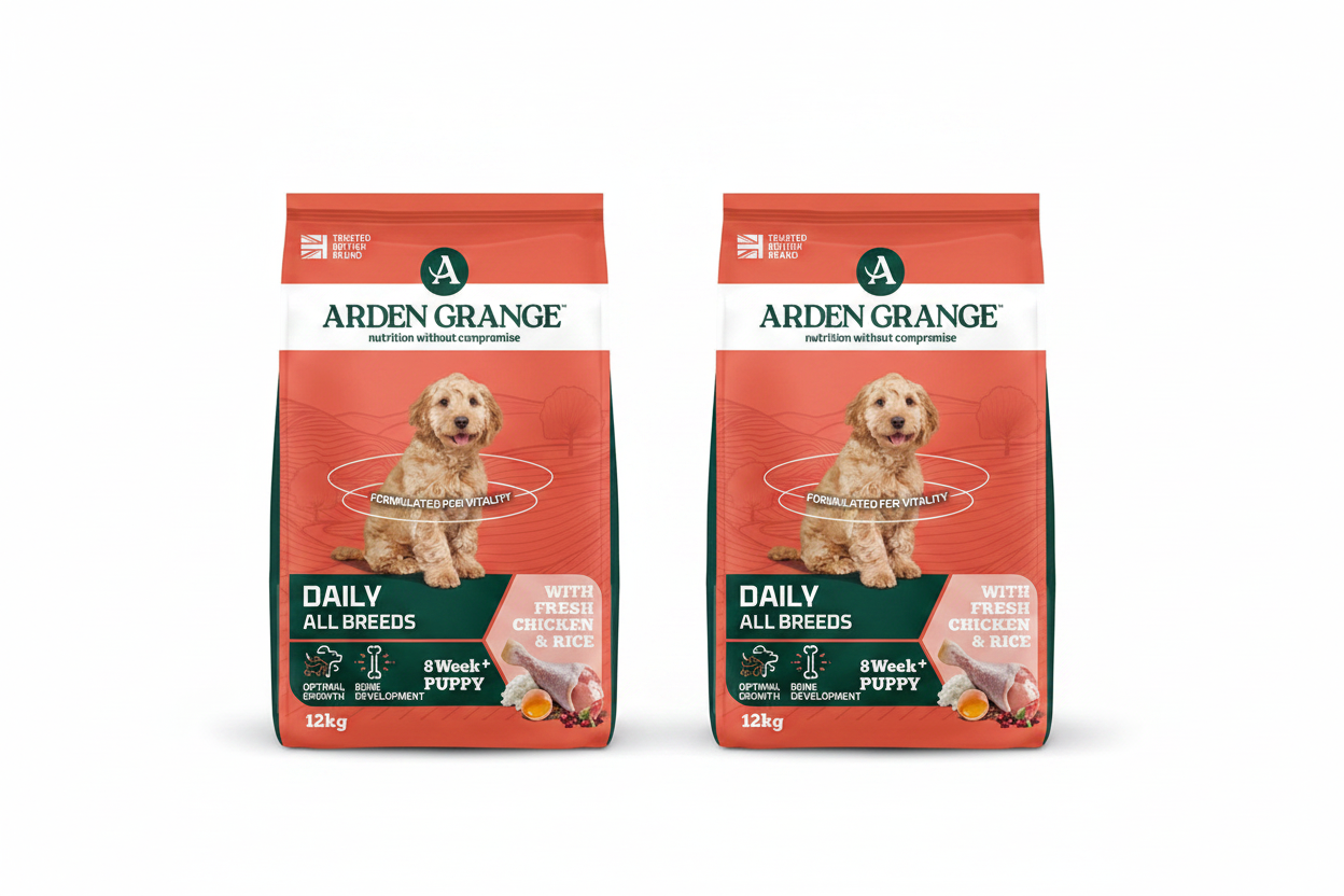 Two Arden Grange Daily All Breeds Puppy Chicken & Rice 12kg bags side by side on white background