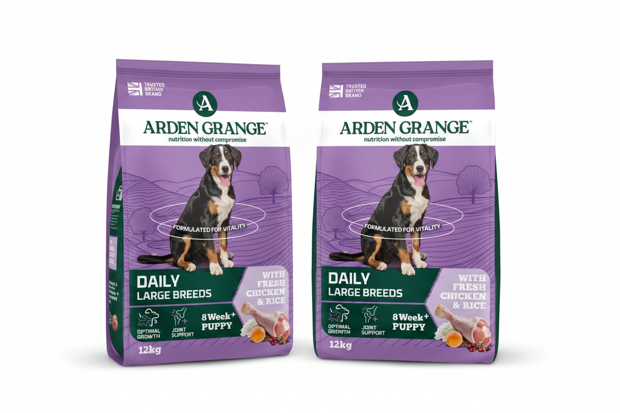 Two Arden Grange Daily Large Breeds Puppy Chicken & Rice 12kg bags side by side on white background