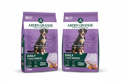 Two Arden Grange Daily Large Breeds Puppy Chicken & Rice 12kg bags side by side on white background