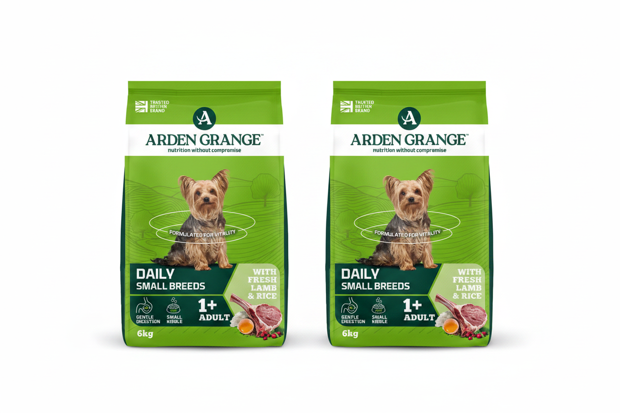 Two Arden Grange Daily Small Breeds Lamb & Rice 6kg bags side by side