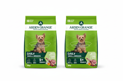 Two Arden Grange Daily Small Breeds Lamb & Rice 6kg bags side by side