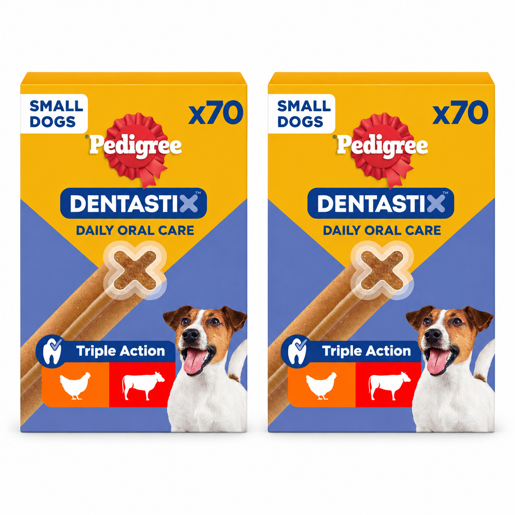 Two Pedigree DENTASTIX Small 70-stick boxes side by side