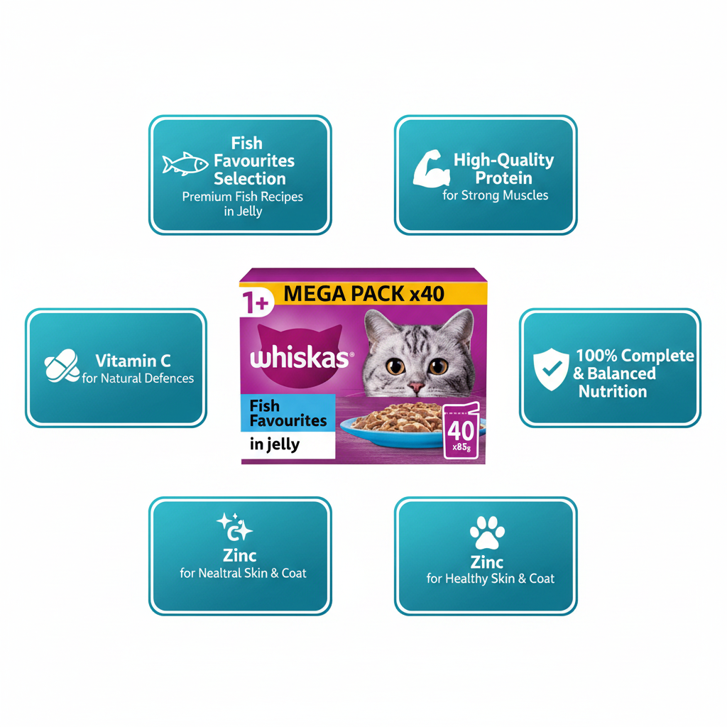 Whiskas Fish Favourites in Jelly 40-Pack Infographic