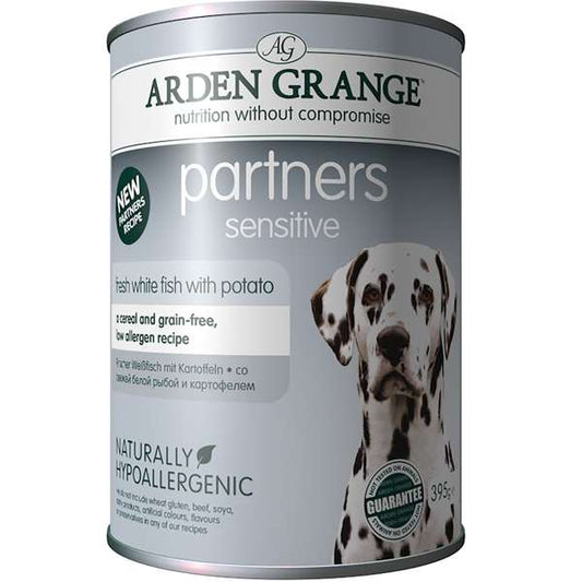 Arden Grange Partners Sensitive Adult white fish and potato wet dog food tins, 395g each, pack of 24⠋