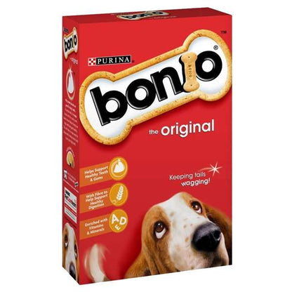A package of Purina Bonio Original dog biscuits with a picture of a dog on the front.